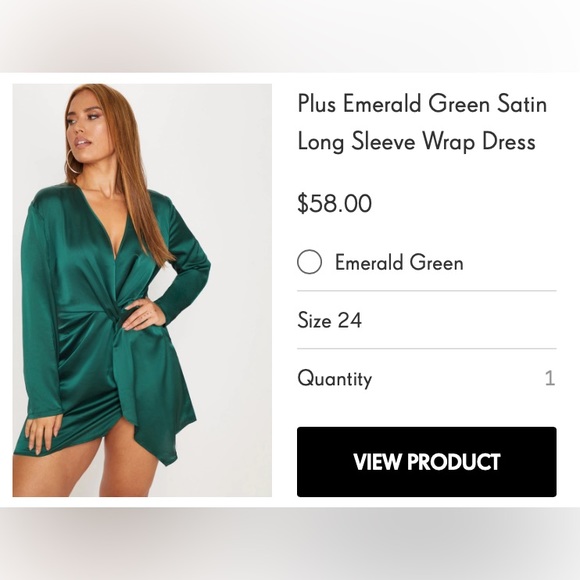 Pretty Little Thing Plus Emerald Green Satin Long Sleeve Wrap Dress - Picture 1 of 4
